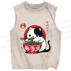 Unisex Japanese Ramen Cat Printed Washed Tank Top