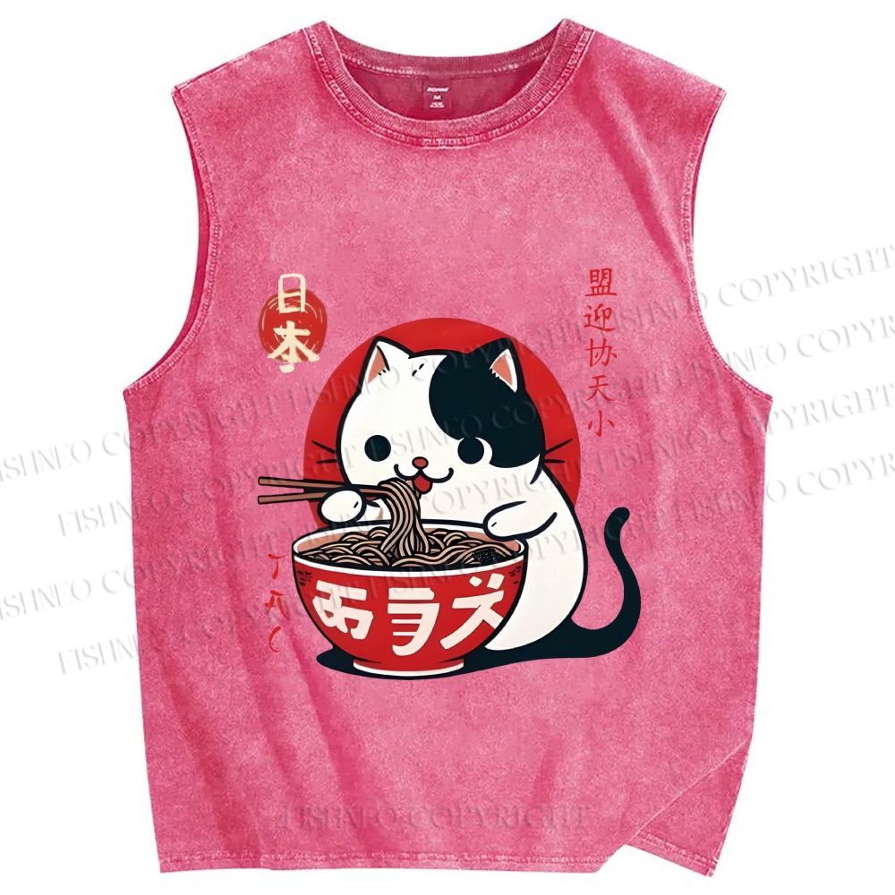 Unisex Japanese Ramen Cat Printed Washed Tank Top