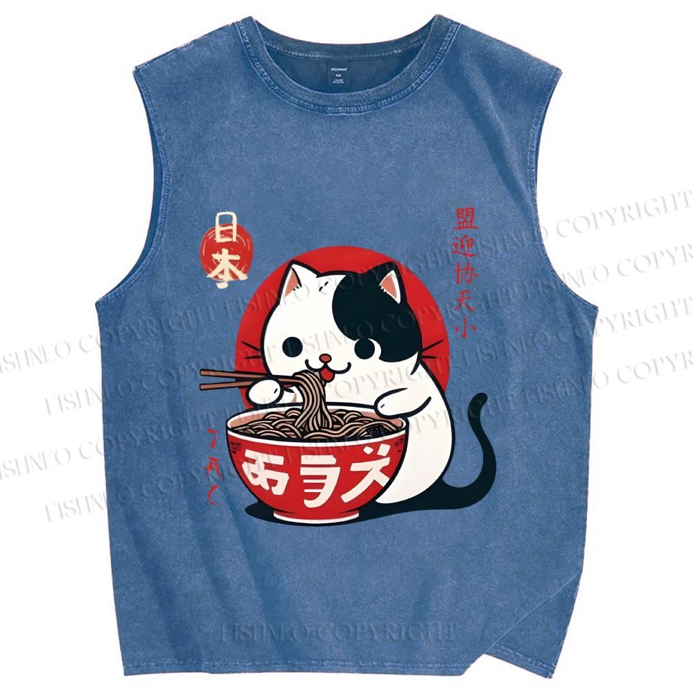 Unisex Japanese Ramen Cat Printed Washed Tank Top
