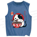 Unisex Japanese Ramen Cat Printed Washed Tank Top