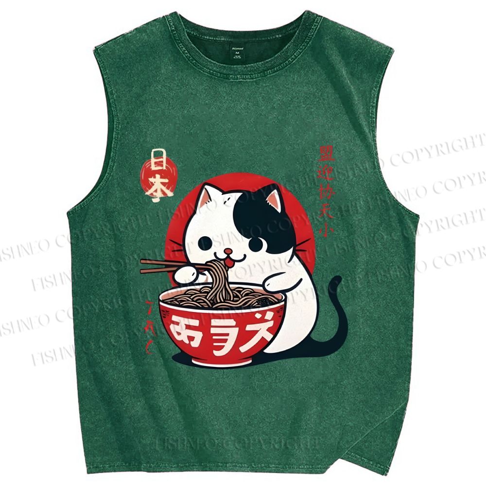 Unisex Japanese Ramen Cat Printed Washed Tank Top