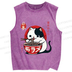 Unisex Japanese Ramen Cat Printed Washed Tank Top