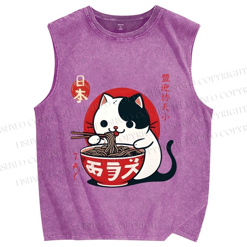 Unisex Japanese Ramen Cat Printed Washed Tank Top