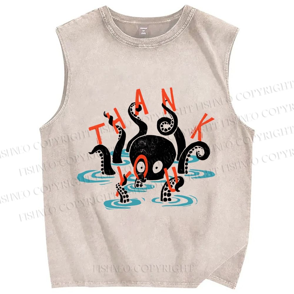 Unisex Octopus in Water Thank You Printed Washed Tank Top