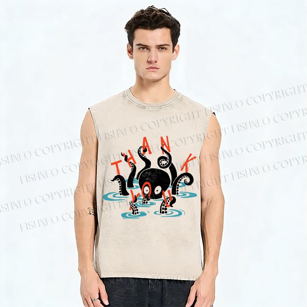 Unisex Octopus in Water Thank You Printed Washed Tank Top