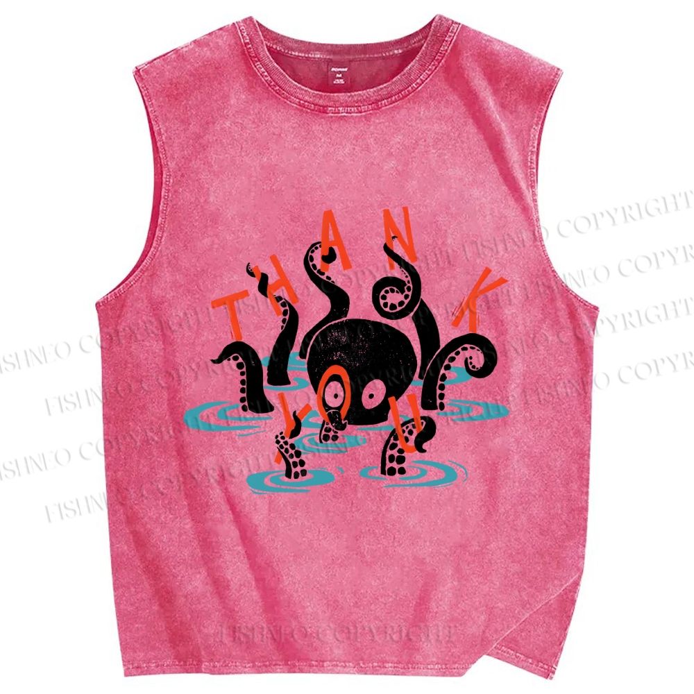 Unisex Octopus in Water Thank You Printed Washed Tank Top