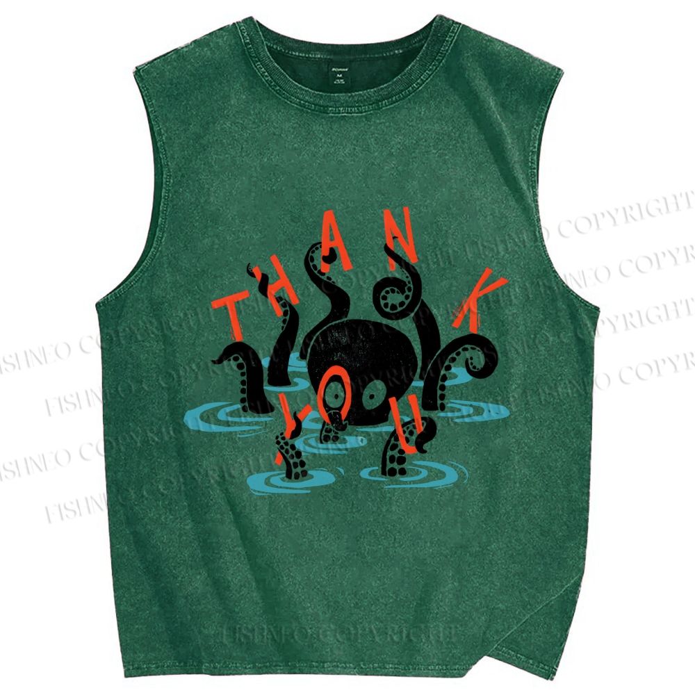 Unisex Octopus in Water Thank You Printed Washed Tank Top