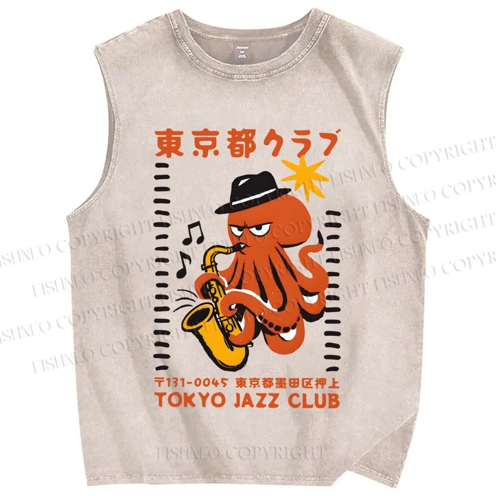 Unisex Japanese Octopus in Band Printed Washed Tank Top