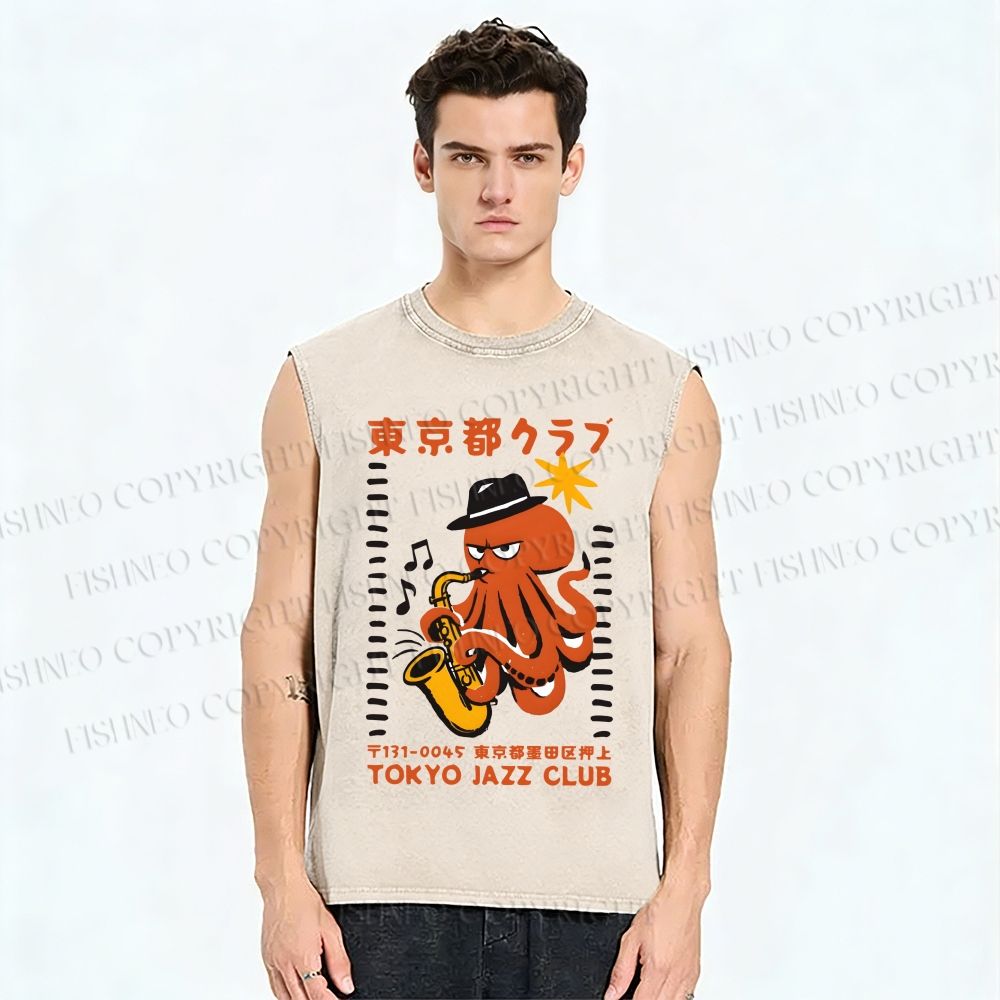 Unisex Japanese Octopus in Band Printed Washed Tank Top