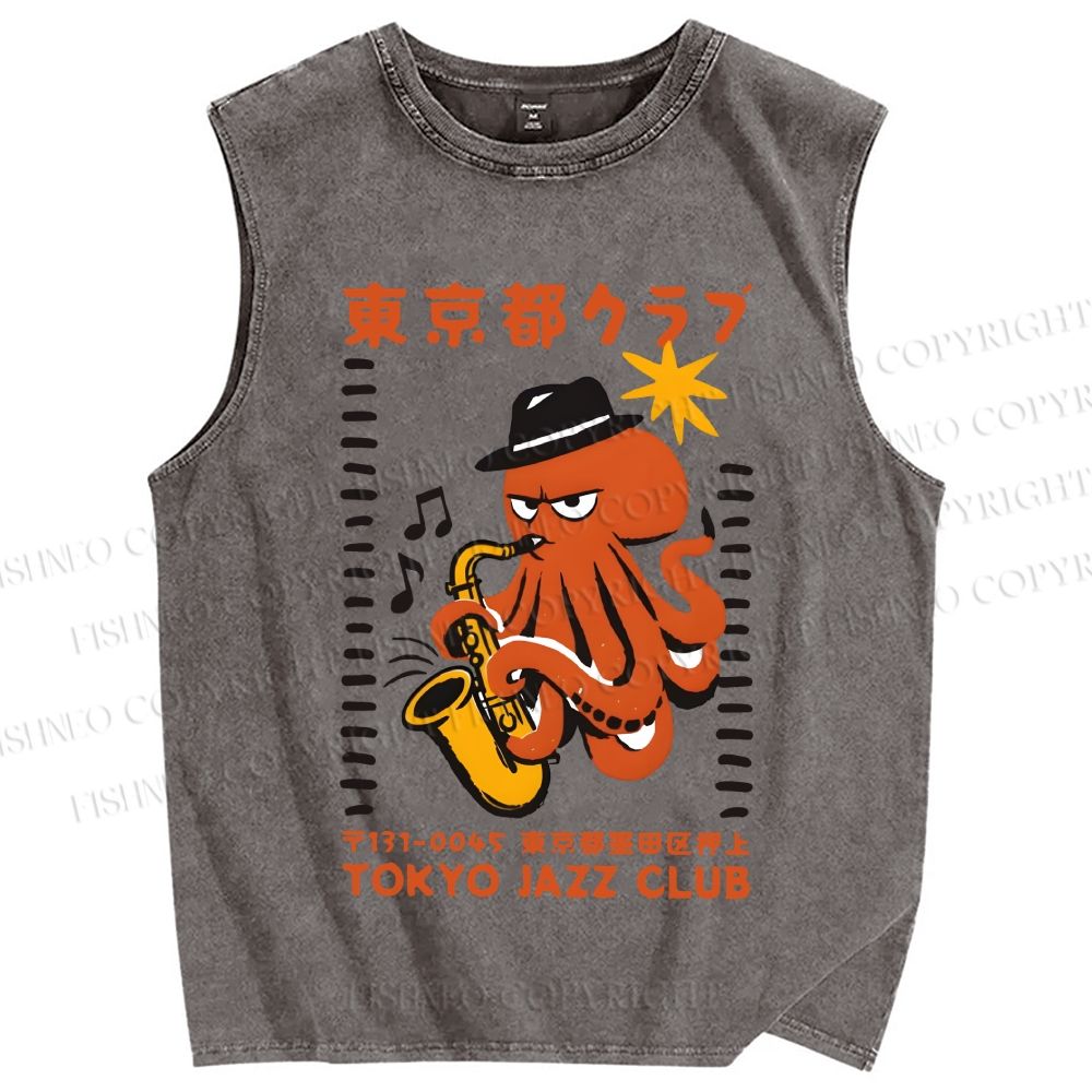 Unisex Japanese Octopus in Band Printed Washed Tank Top