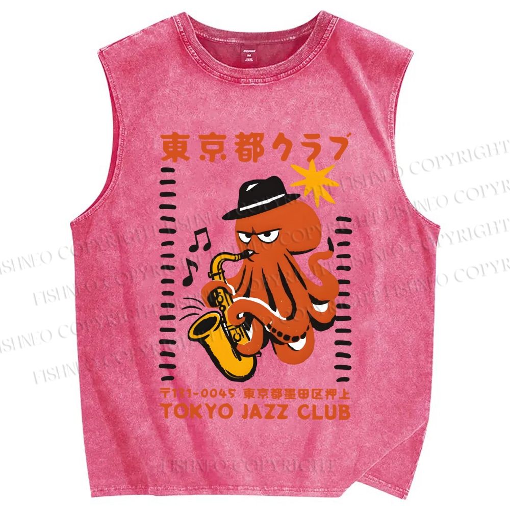 Unisex Japanese Octopus in Band Printed Washed Tank Top