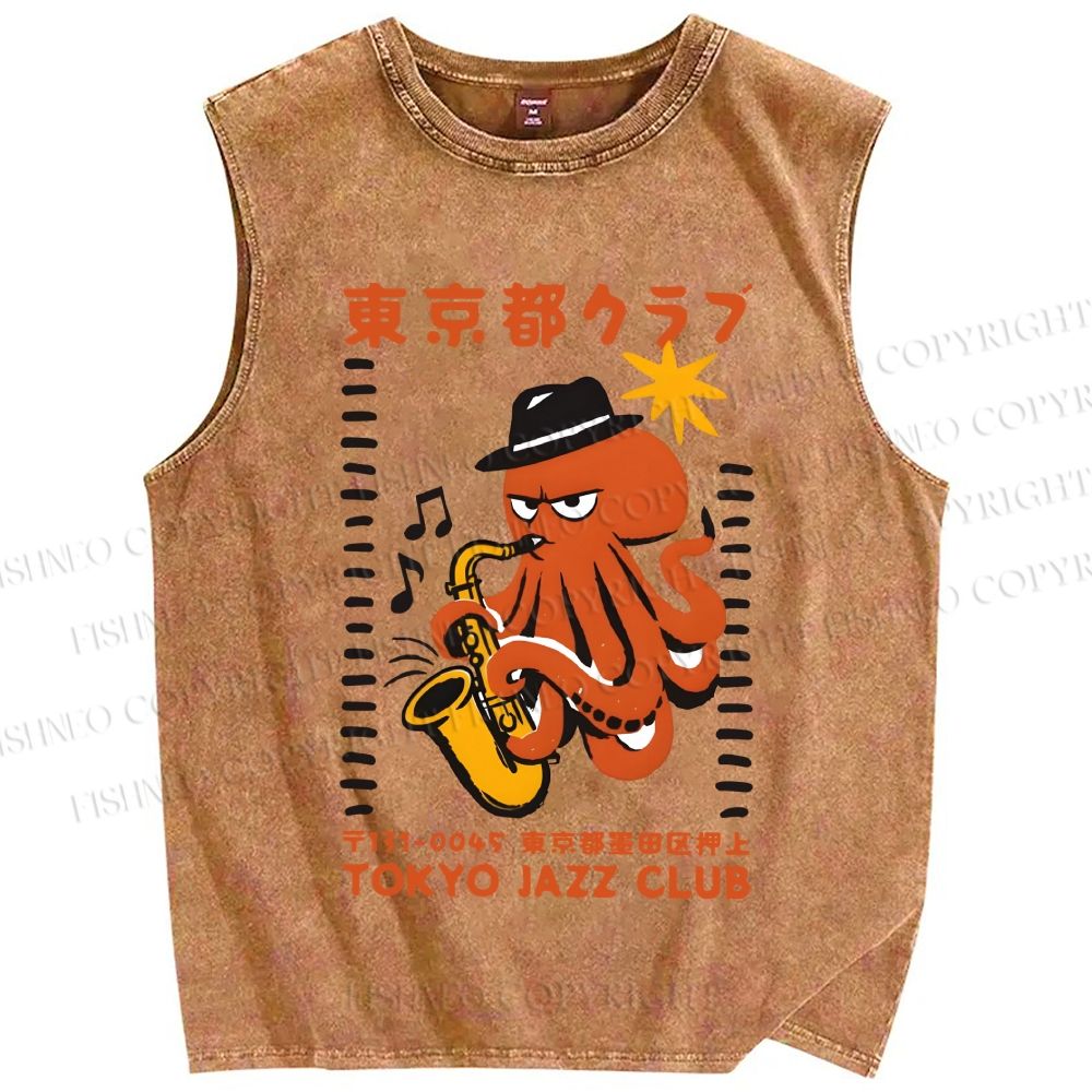 Unisex Japanese Octopus in Band Printed Washed Tank Top