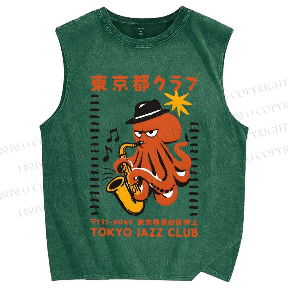 Unisex Japanese Octopus in Band Printed Washed Tank Top