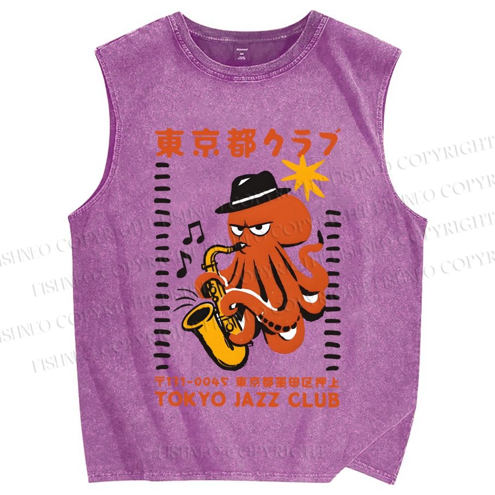 Unisex Japanese Octopus in Band Printed Washed Tank Top