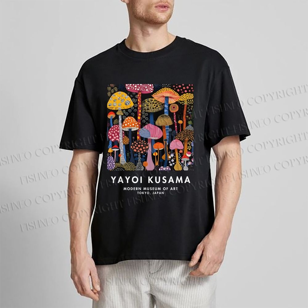 Unisex Classic Yayoi Kusama Colorful Mushroom Printed Cotton Printed T-shirt