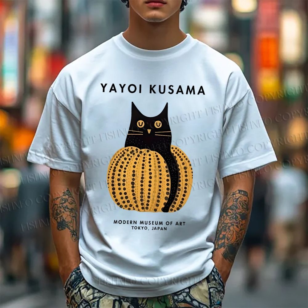 Unisex Classic Yayoi Kusama Pumpkin Cat Printed Cotton Printed T-shirt