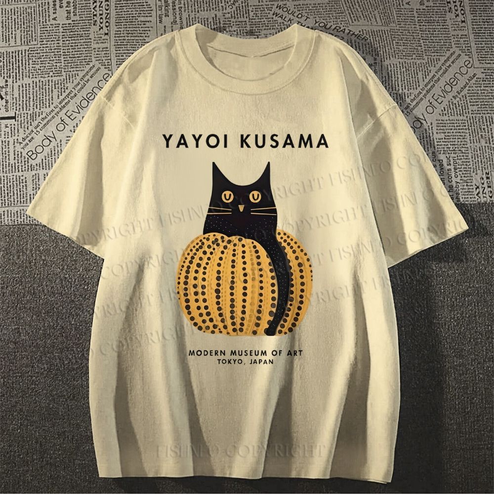 Unisex Classic Yayoi Kusama Pumpkin Cat Printed Cotton Printed T-shirt