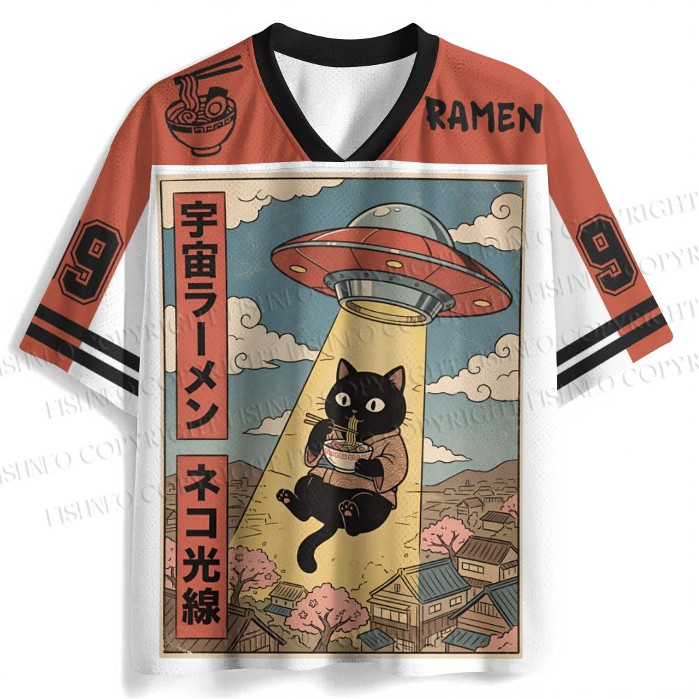 UFO Black Cat Having Ramen Jersey Shirts