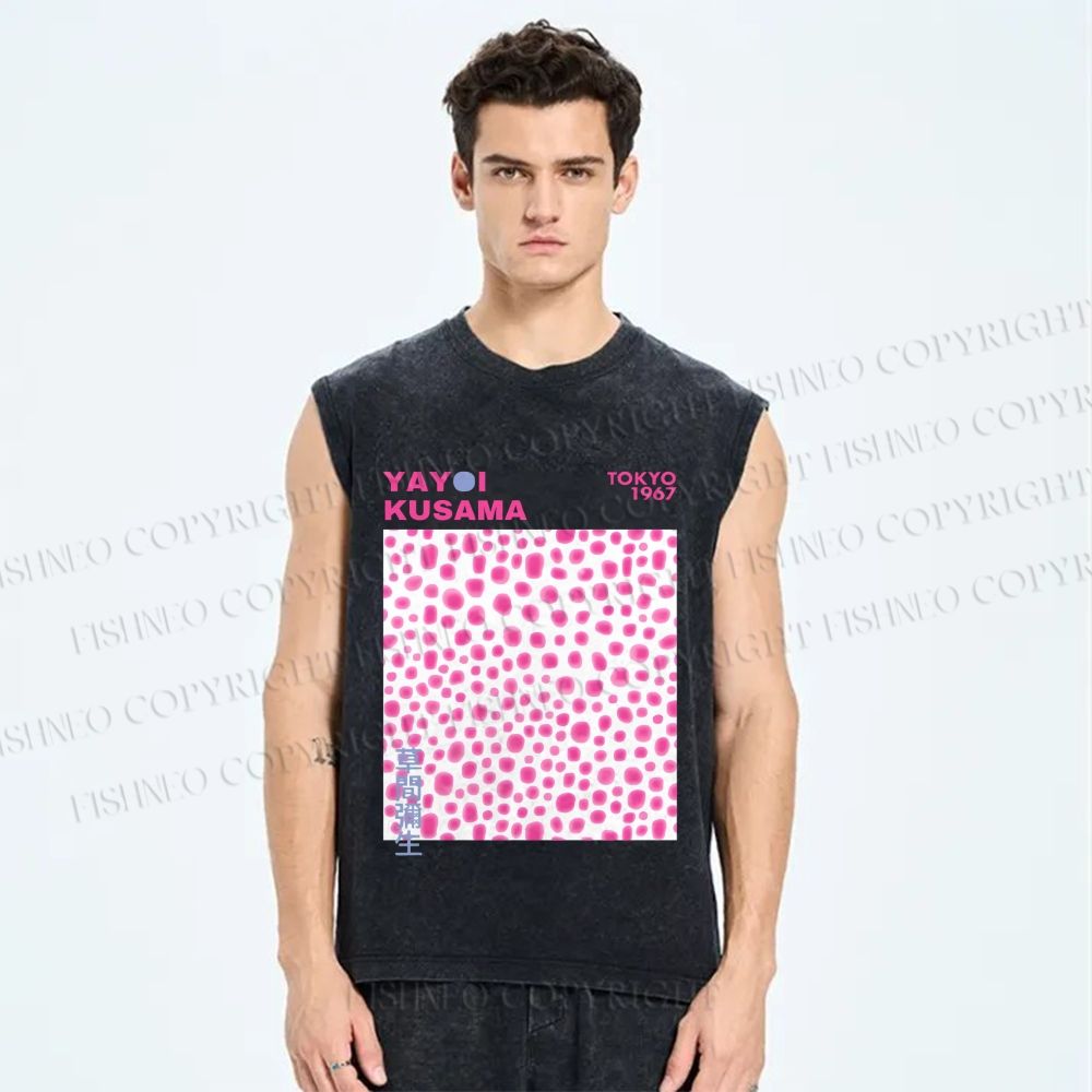 Unisex Yayoi Kusama Pink Dots Printed Washed Tank Top