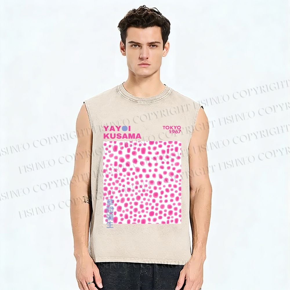 Unisex Yayoi Kusama Pink Dots Printed Washed Tank Top