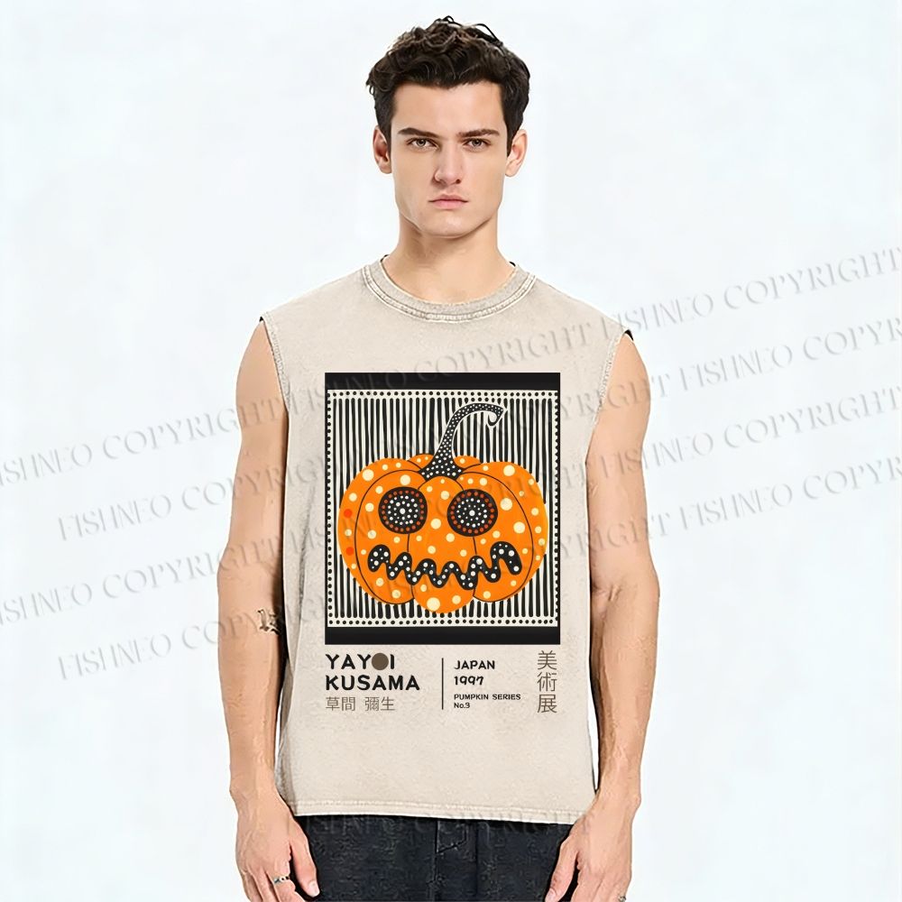 Unisex Yayoi Kusama Spooky Pumpkin Printed Washed Tank Top