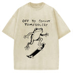 Unisex Playful Frog Skateboarding Printed Washed Tee