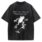 Unisex Playful Frog Skateboarding Printed Washed Tee