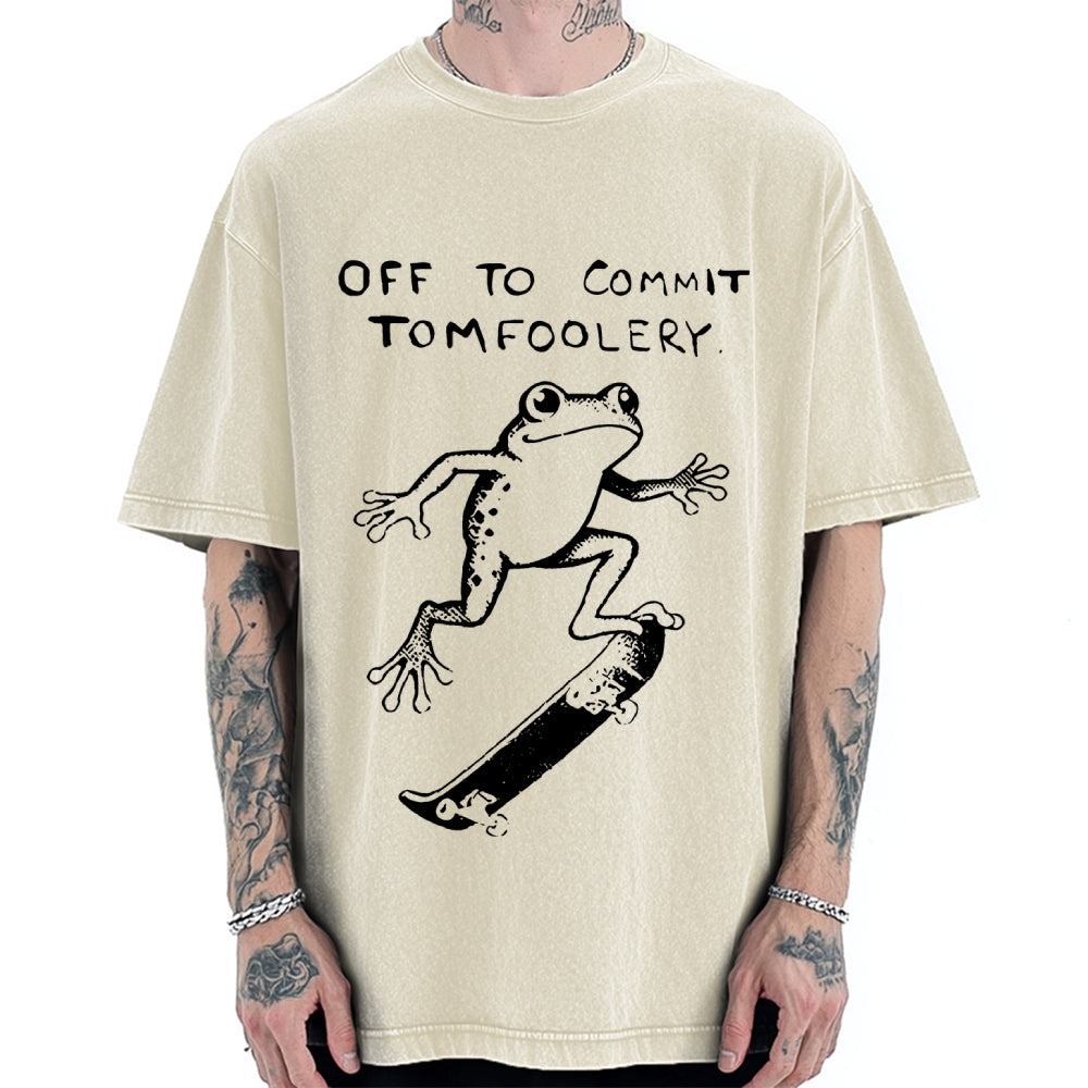 Unisex Playful Frog Skateboarding Printed Washed Tee