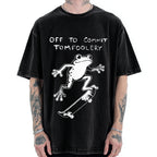 Unisex Playful Frog Skateboarding Printed Washed Tee