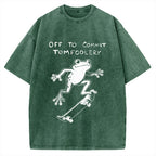 Unisex Playful Frog Skateboarding Printed Washed Tee