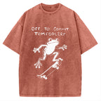 Unisex Playful Frog Skateboarding Printed Washed Tee