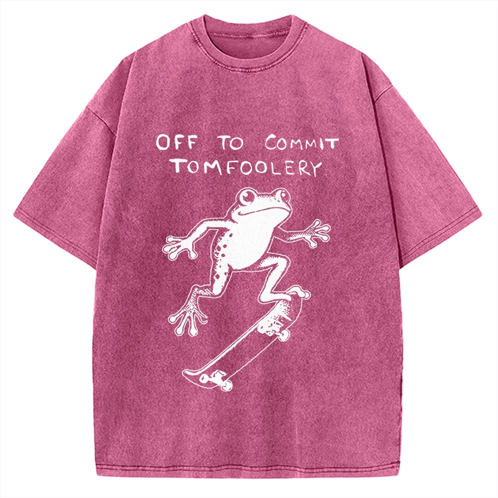 Unisex Playful Frog Skateboarding Printed Washed Tee