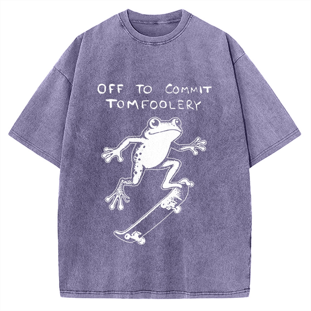 Unisex Playful Frog Skateboarding Printed Washed Tee