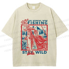 Unisex Fishing Guy Stay Wild Printed Washed Tee