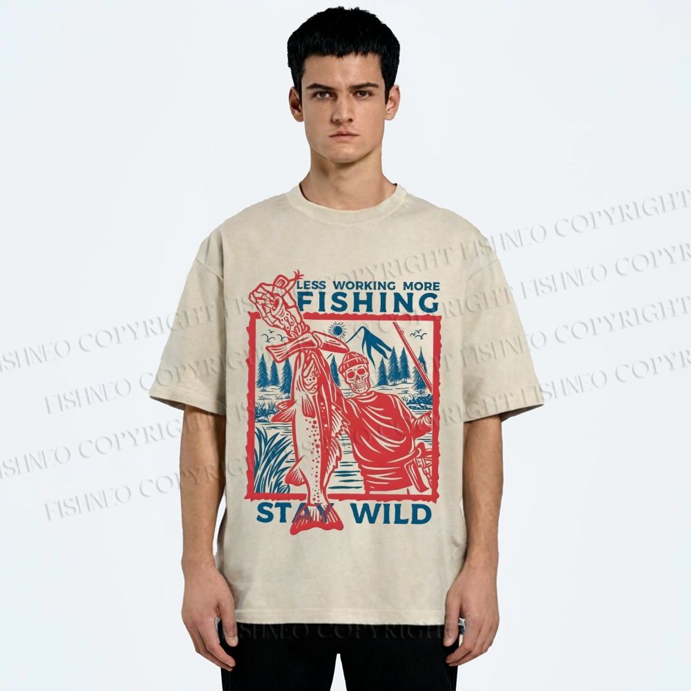 Unisex Fishing Guy Stay Wild Printed Washed Tee