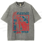 Unisex Fishing Guy Stay Wild Printed Washed Tee