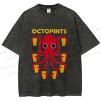 Unisex Octopus Beer Printed Washed Tee