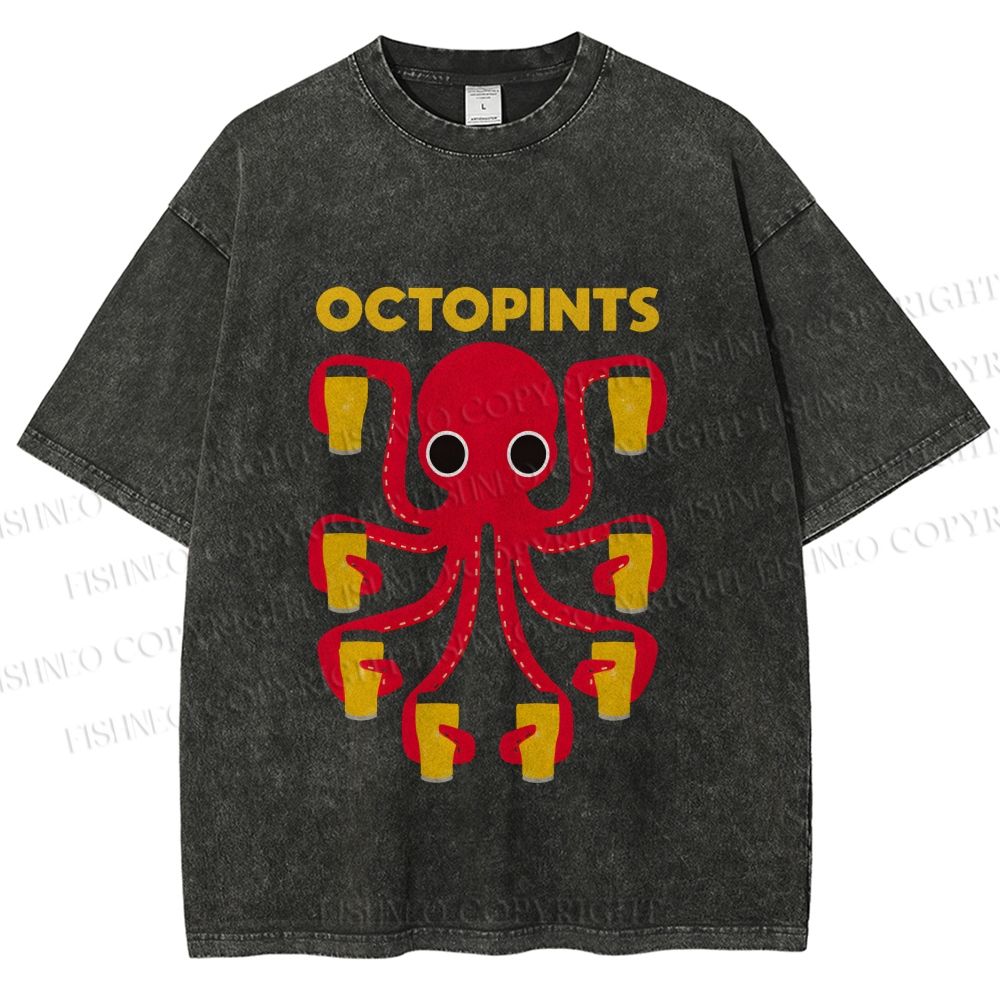 Unisex Octopus Beer Printed Washed Tee