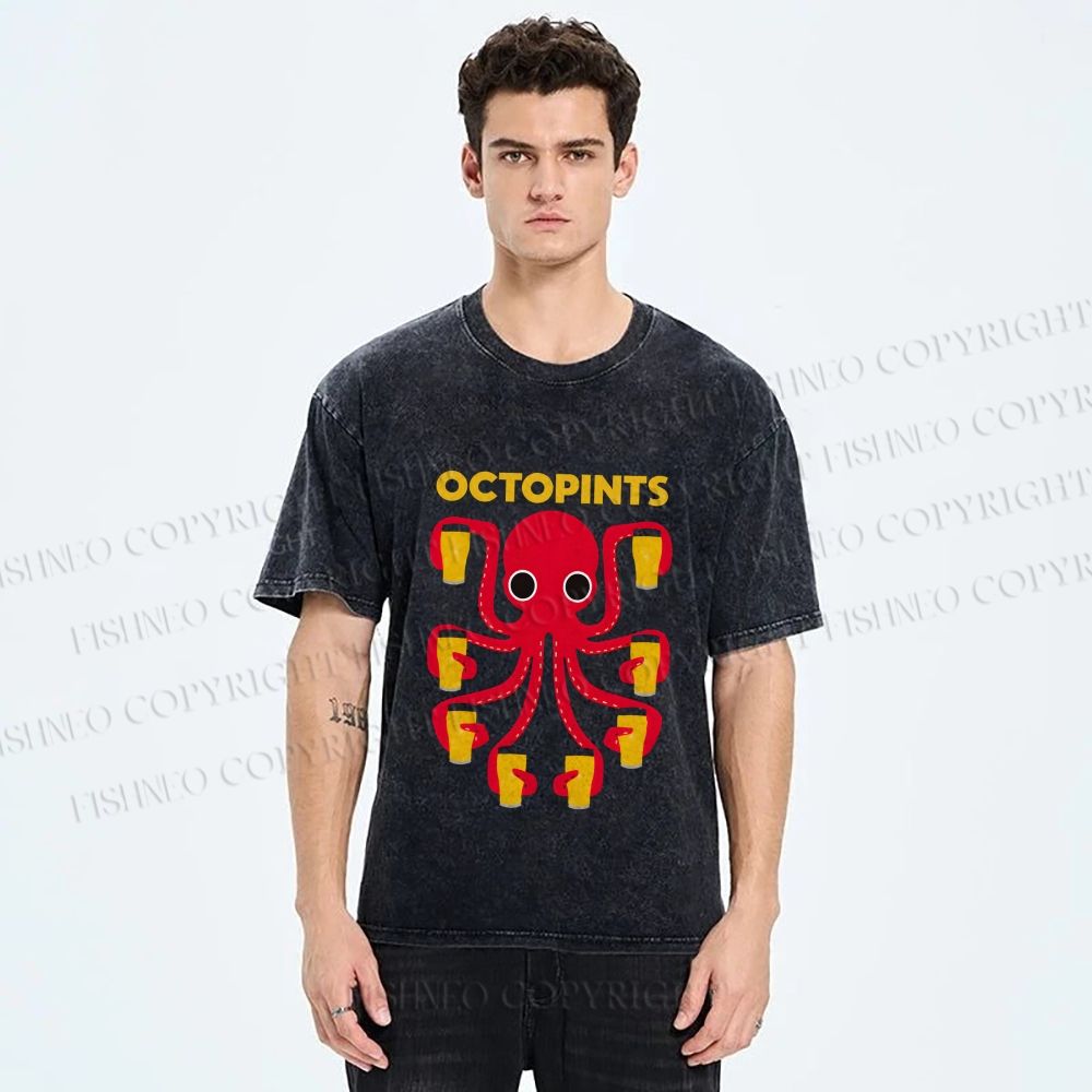 Unisex Octopus Beer Printed Washed Tee