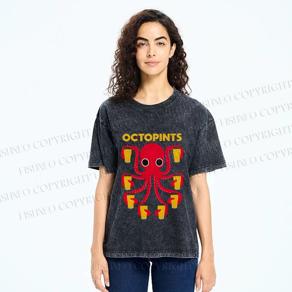 Unisex Octopus Beer Printed Washed Tee