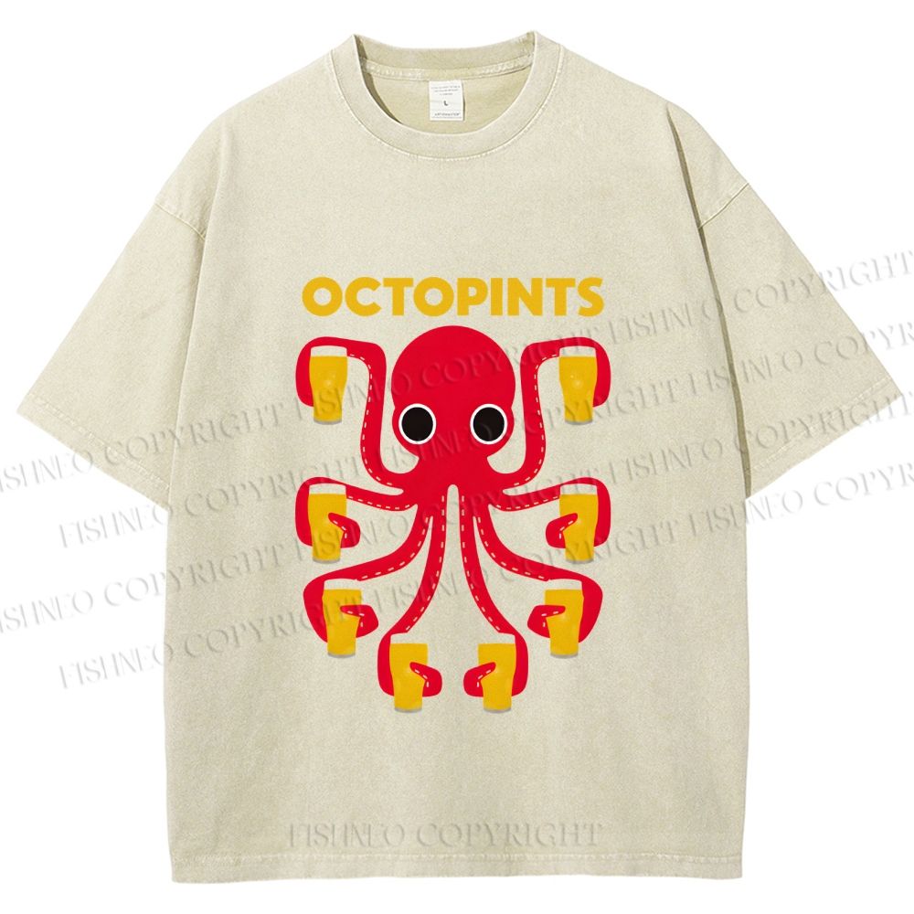 Unisex Octopus Beer Printed Washed Tee