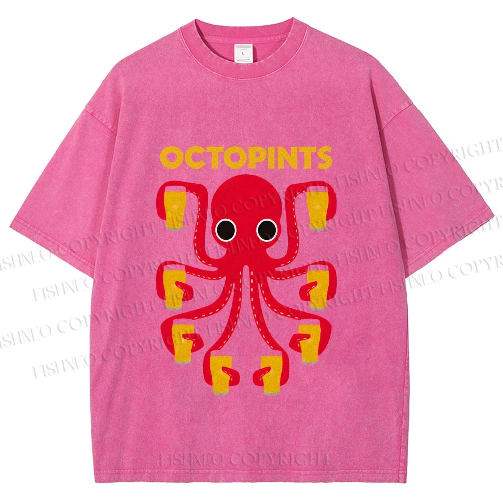 Unisex Octopus Beer Printed Washed Tee