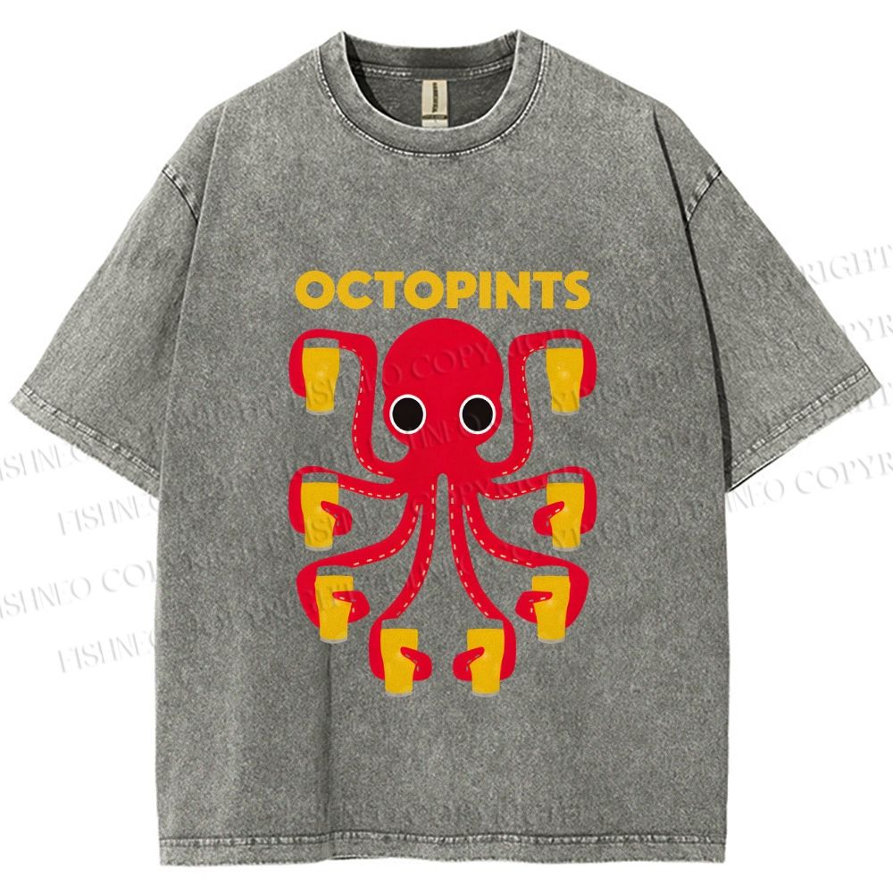 Unisex Octopus Beer Printed Washed Tee