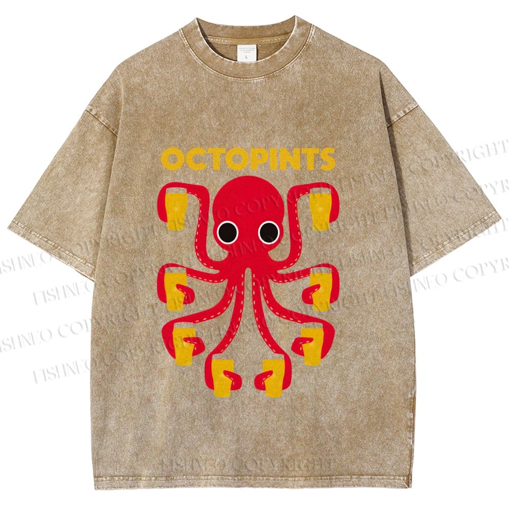 Unisex Octopus Beer Printed Washed Tee