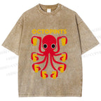 Unisex Octopus Beer Printed Washed Tee