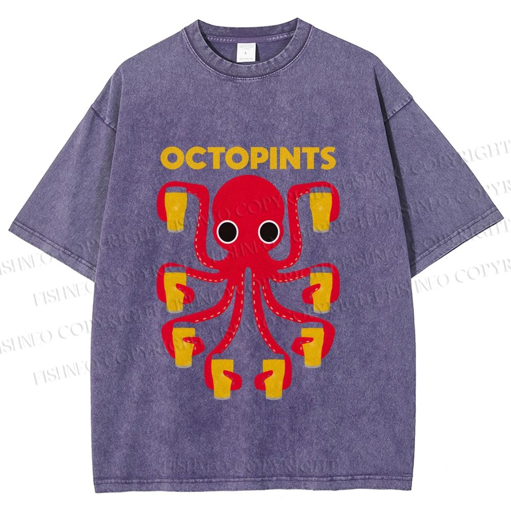 Unisex Octopus Beer Printed Washed Tee
