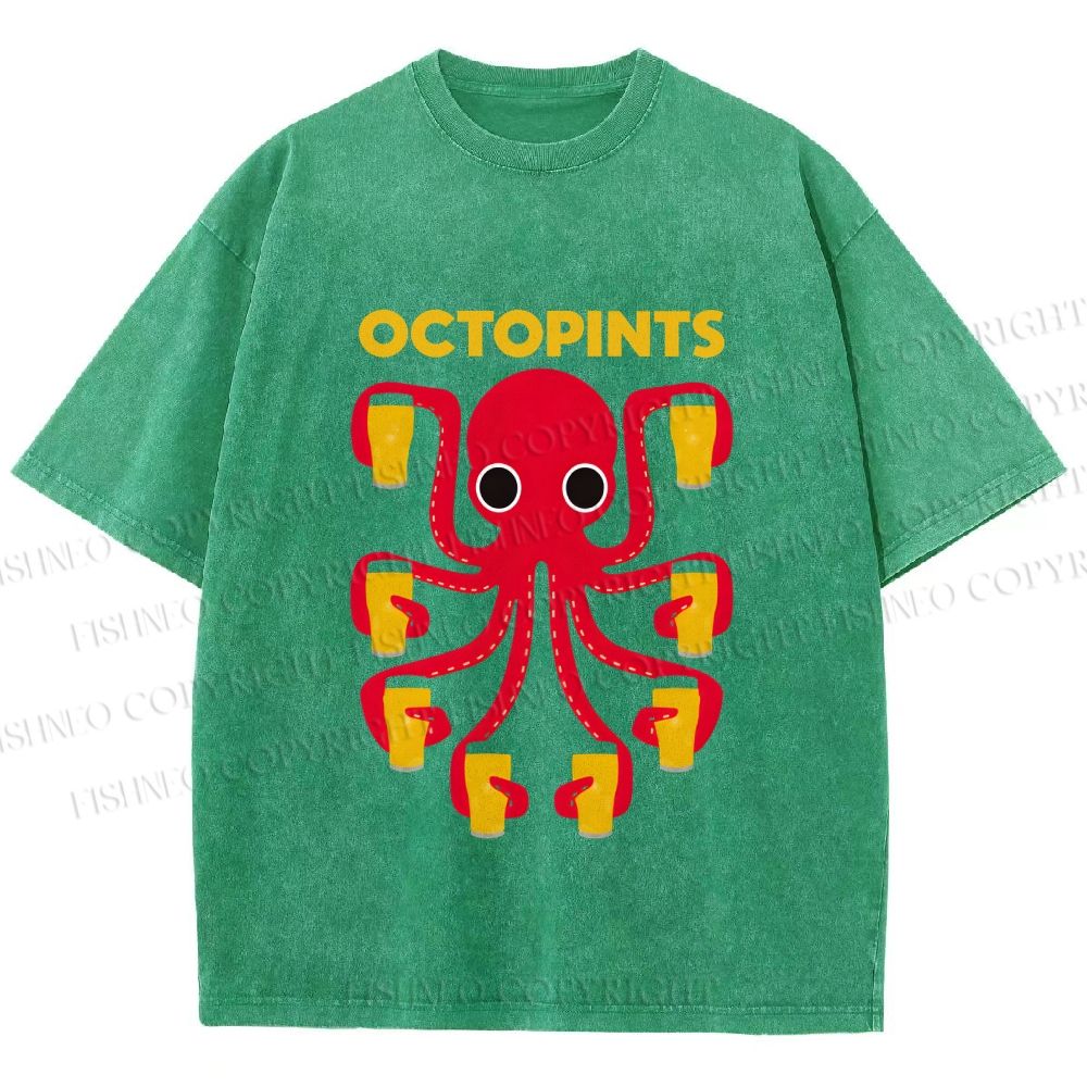 Unisex Octopus Beer Printed Washed Tee