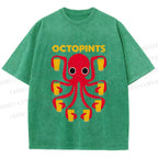 Unisex Octopus Beer Printed Washed Tee