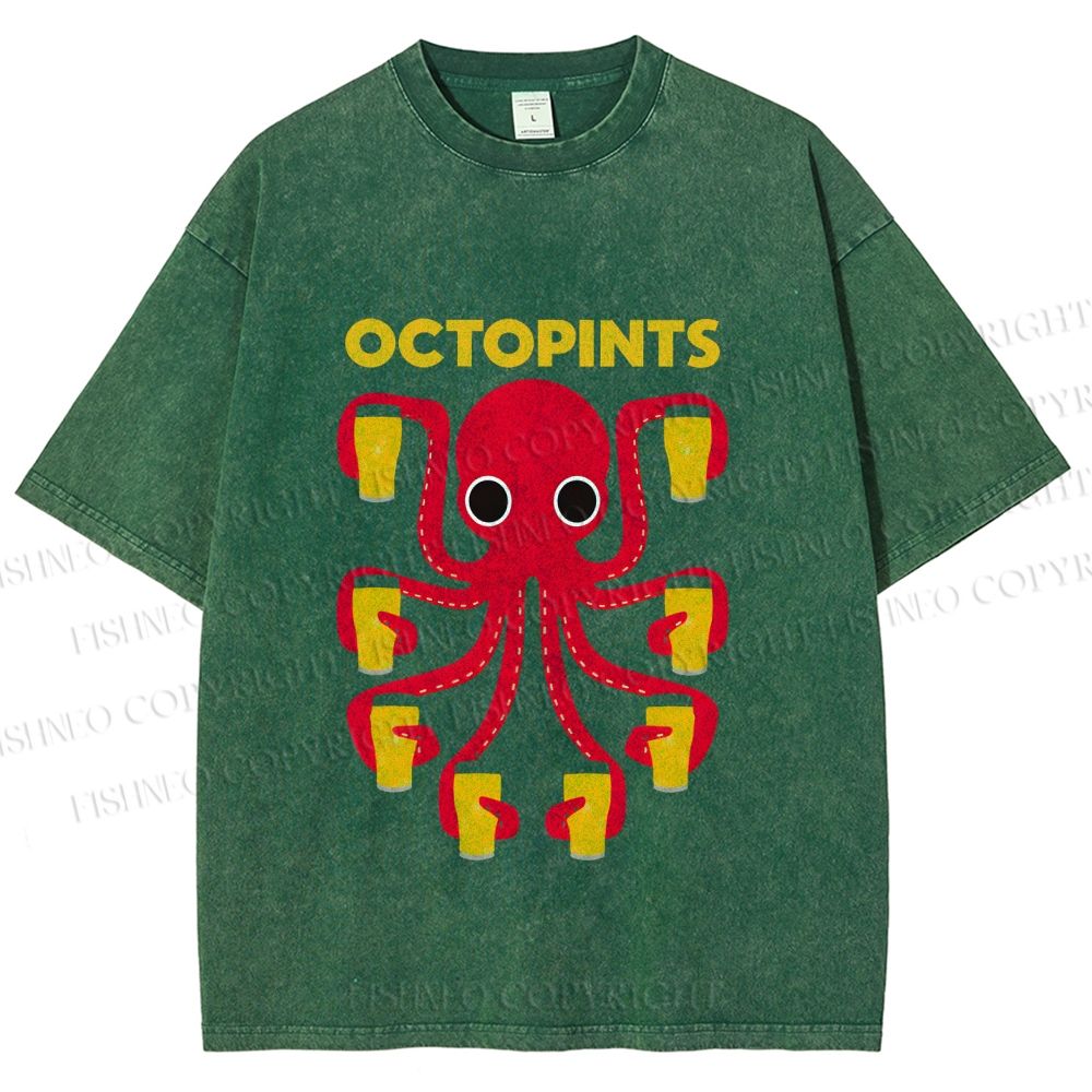 Unisex Octopus Beer Printed Washed Tee