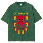 Unisex Octopus Beer Printed Washed Tee